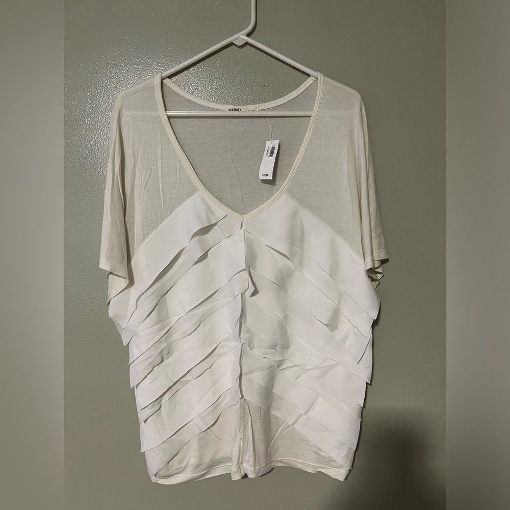 Old Navy Ivory Ruffed Front Y2K Shirt Size M Rayon Soft NWT
